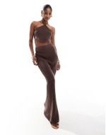 knit halter beach crop top and maxi skirt co-ord in chocolate brown