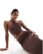 knit halter beach crop top and maxi skirt co-ord in chocolate brown