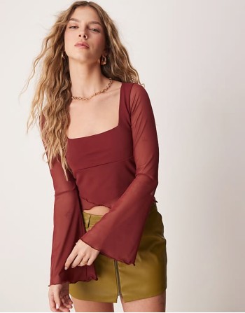 mesh angel sve top with lettuce hem detail in fig